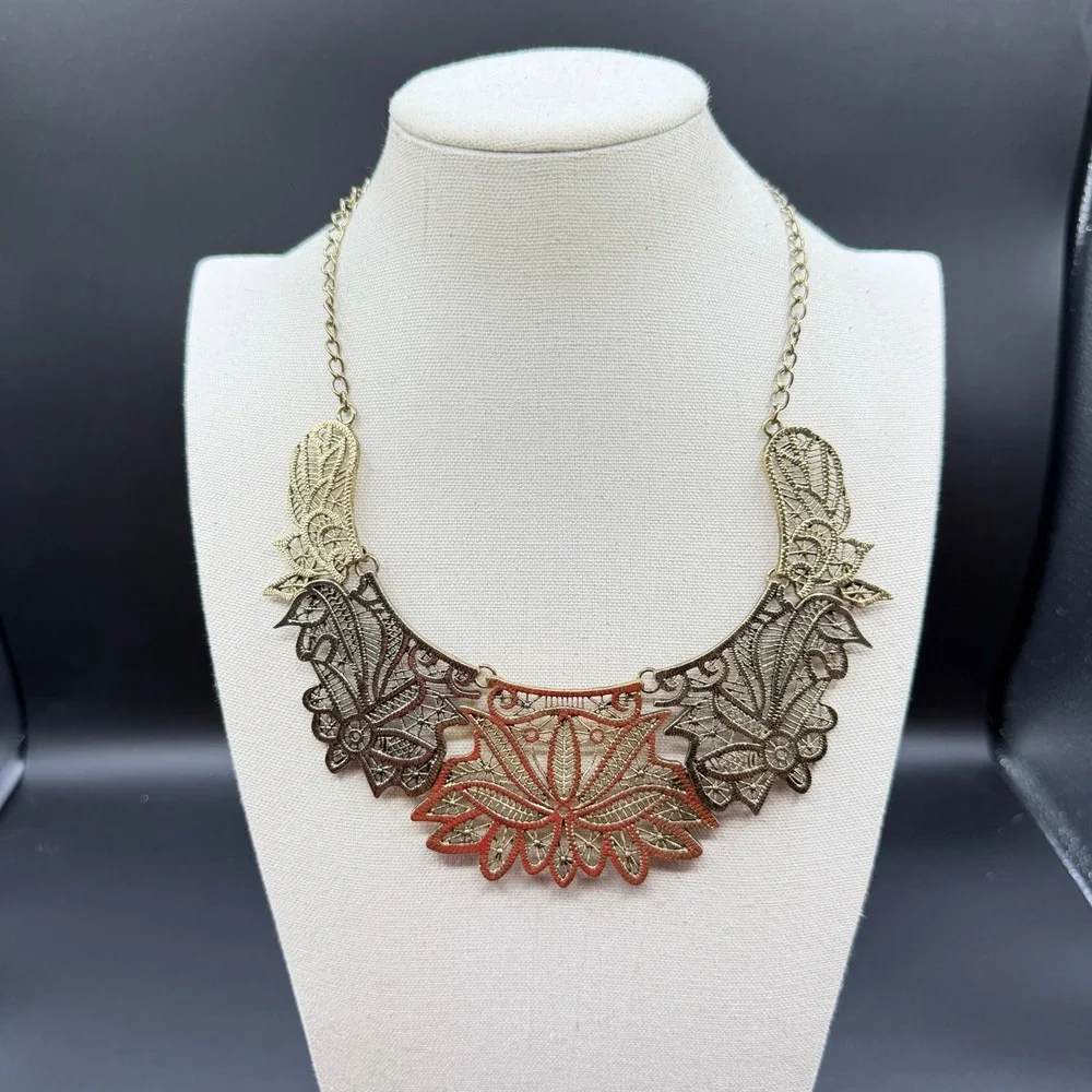 Antique Gold Tone Filigree Floral Bib Necklace Boho Statement Festival Jewelry